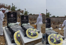 Empress Gifty visits mother’s grave to sprinkle oil and powder