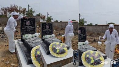 Empress Gifty visits mother’s grave to sprinkle oil and powder