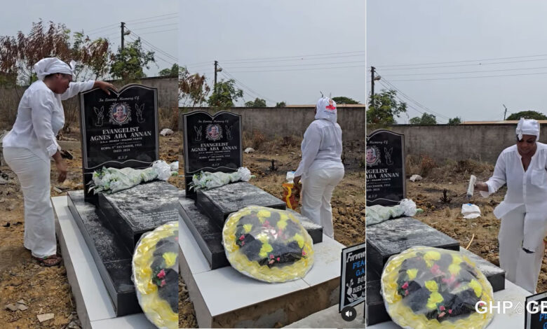 Empress Gifty visits mother’s grave to sprinkle oil and powder