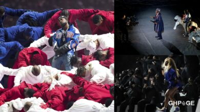 Uncle Sam and Serena Williams joins Kendrick Lamar on stage at the Super Bowl