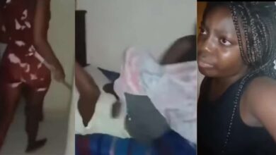 VIDEO: Lady mercilessly uses mop stick to lash boyfriend and his sidechick in bed