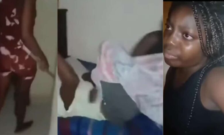 VIDEO: Lady mercilessly uses mop stick to lash boyfriend and his sidechick in bed