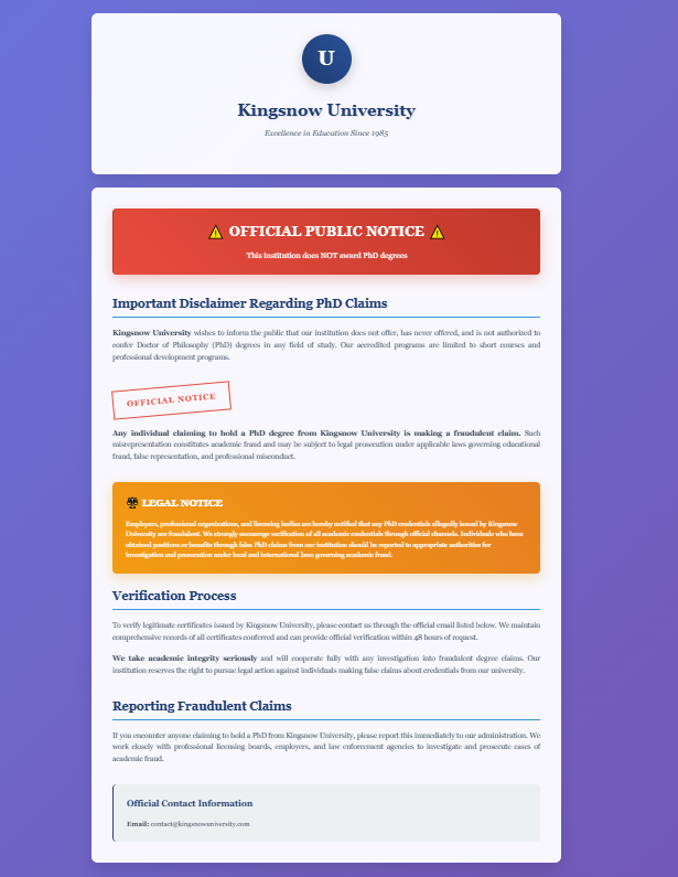 Current Kingsnow University with disclaimer