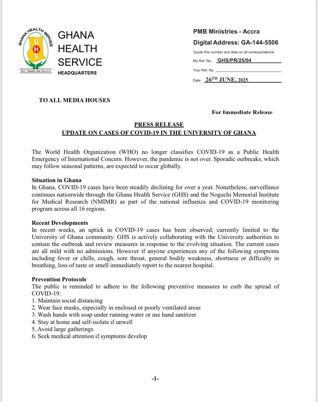 GHS urges calm as COVID-19 resurfaces at University of Ghana