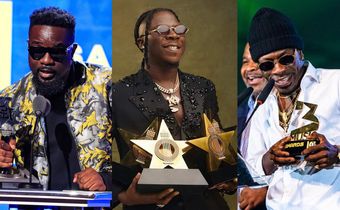 Sarkodie photo by Carmen Mandato/Getty Images, Stonebwoy photo via facebook.com/stonebwoyburniton/photos and Shatta Wale photo via 3music
