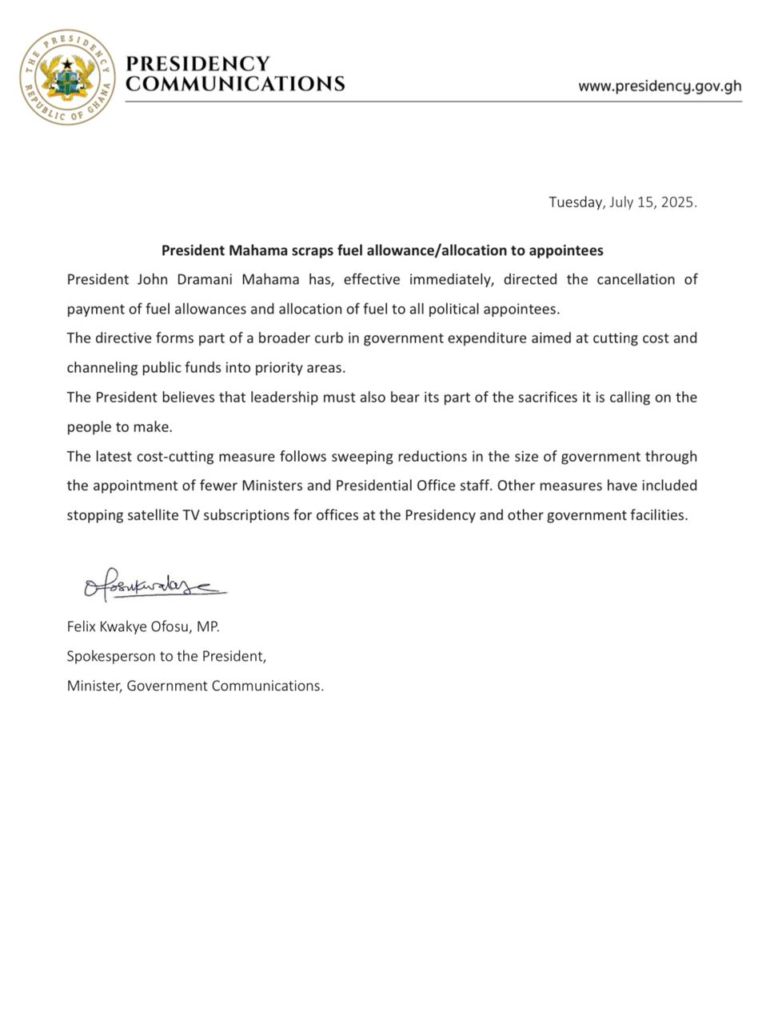 President Mahama scraps fuel allowances for all political appointees
