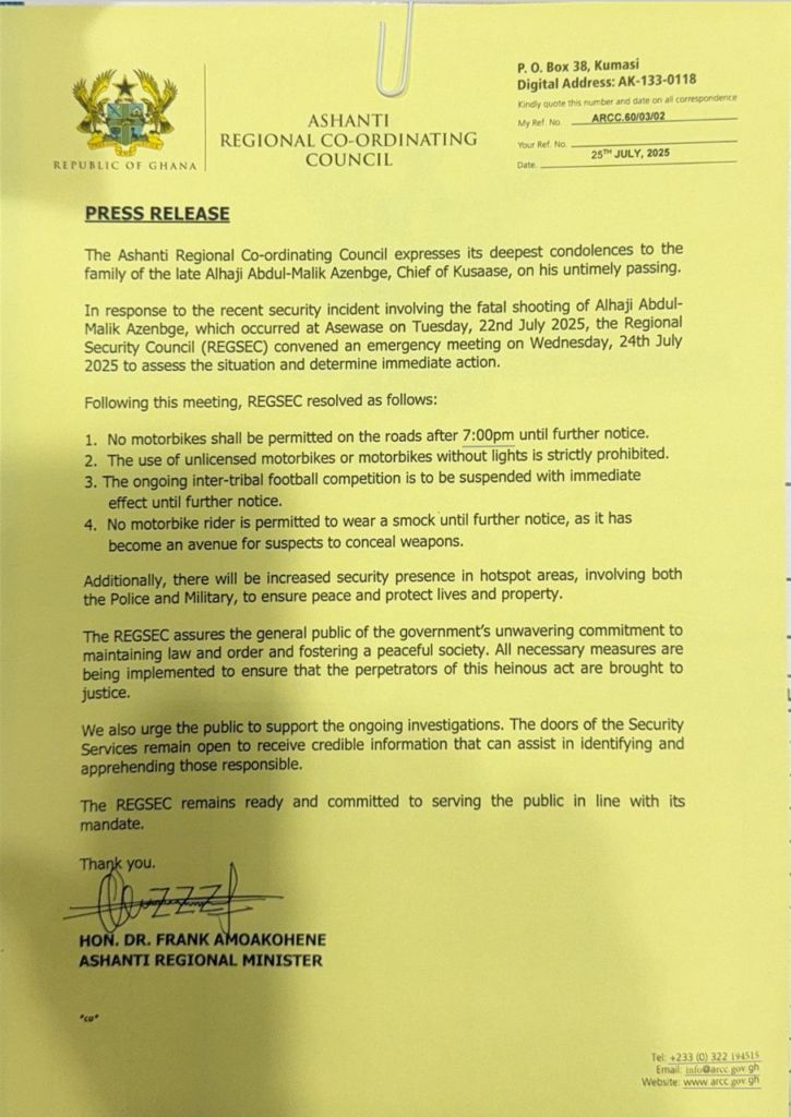Ashanti REGSEC bans motorbikes after 7PM following brutal killing of Kusaase chief