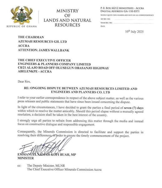 Gov't orders Engineers & Planners and Azumah Resources to resolve gold mine feud in 7 days