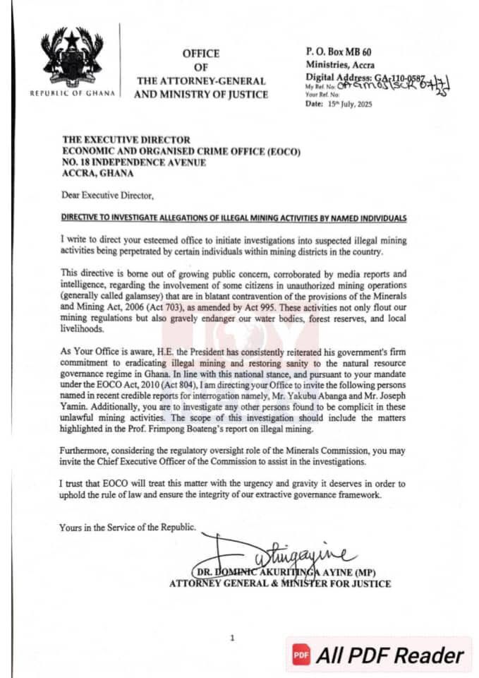 AG orders EOCO to investigate NDC’s Yamin and Abanga over alleged illegal mining