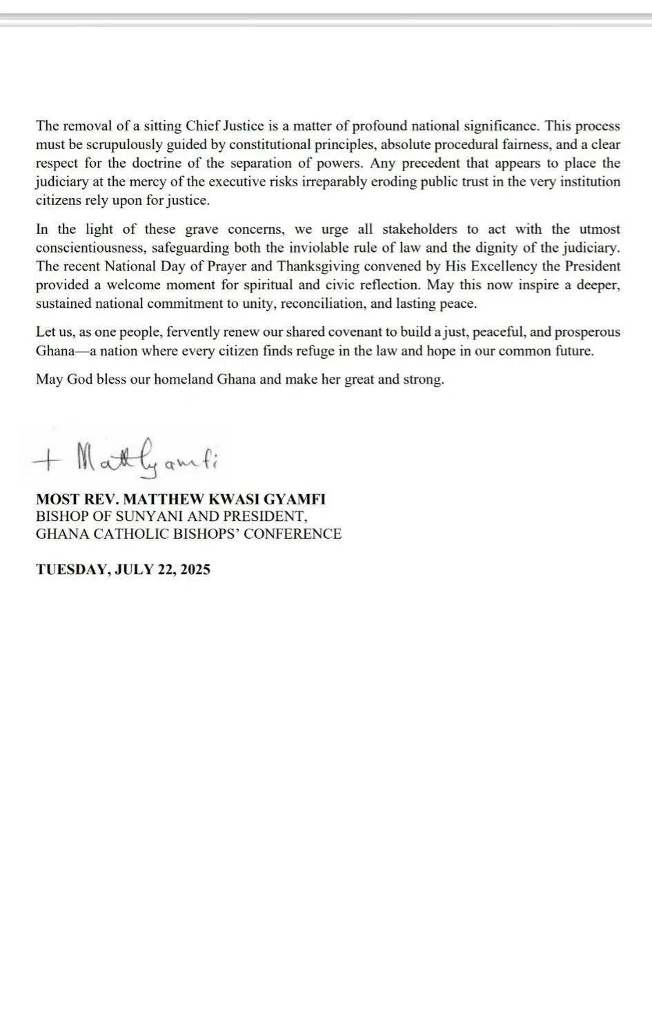 Catholic Bishops' Conference issues stern caution to Pres. Mahama over CJ suspension