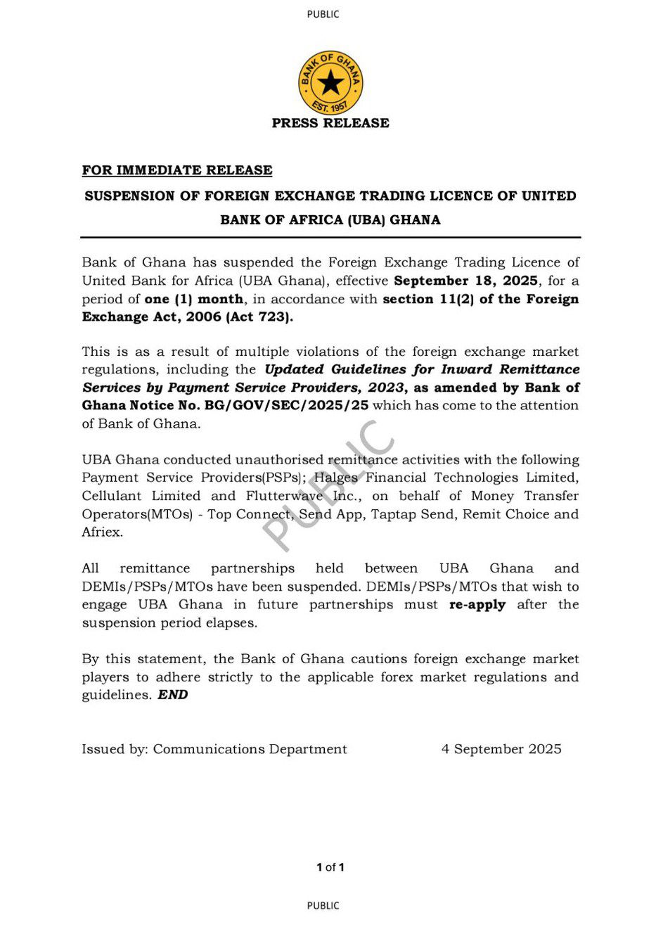 BoG suspends foreign exchange trading licence of UBA Ghana for one month